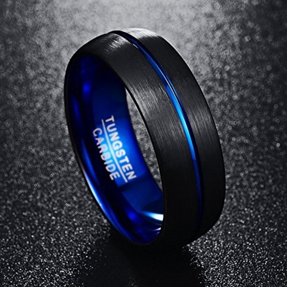 Black Tungsten Thin Blue Line Police Ring Band - Picture 2 of 8